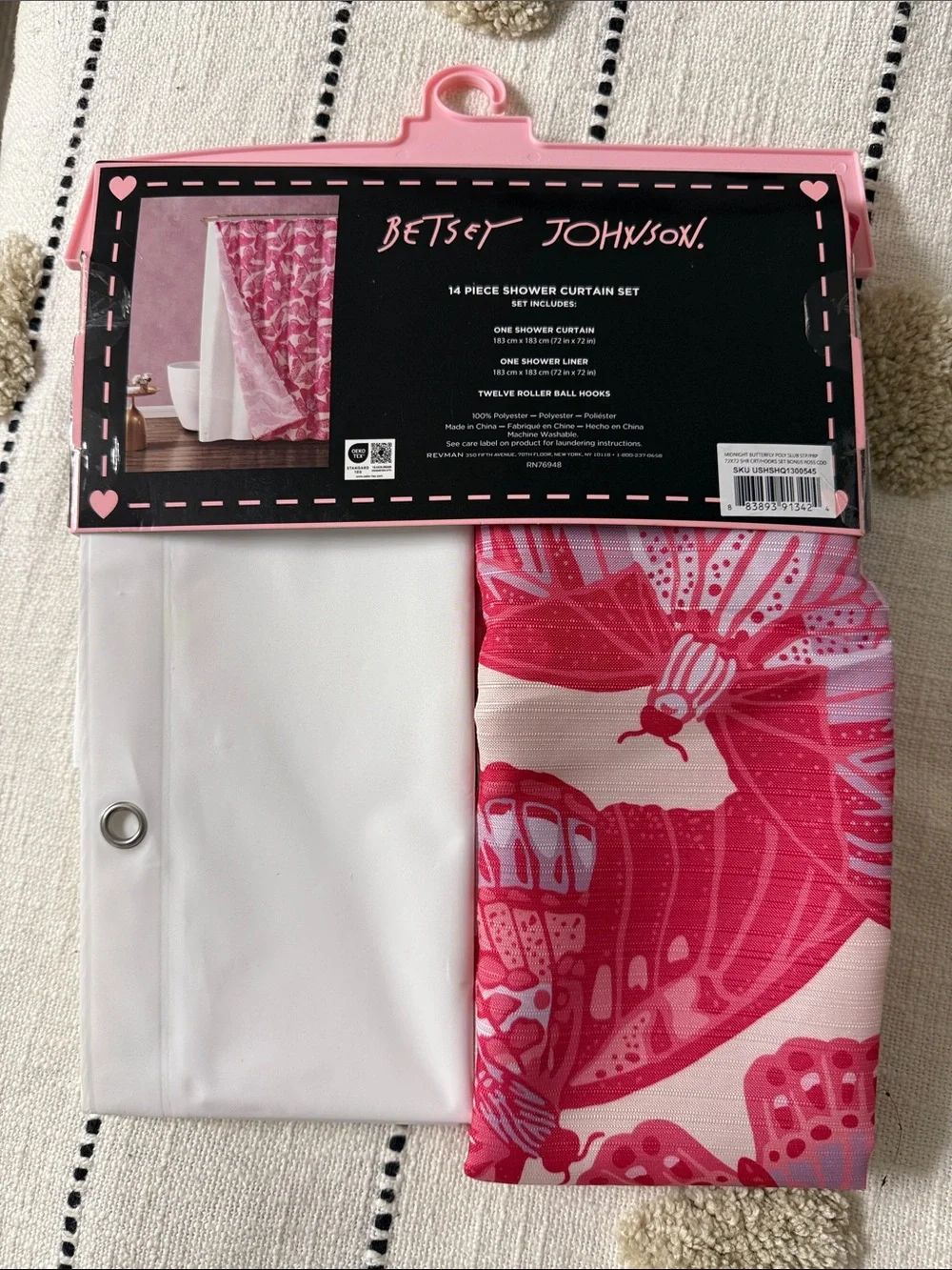 Betsey Johnson Pink and White Butterfly Shower Curtain Set